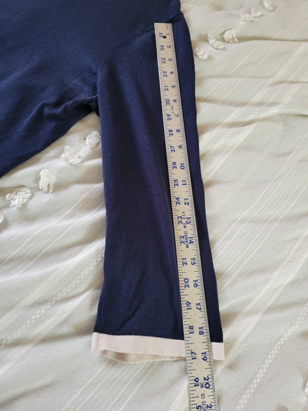 Pendleton Silk Blend Navy Cardigan Ivory Tipping 3/4 Sleeve Button Front Large - Picture 10 of 11